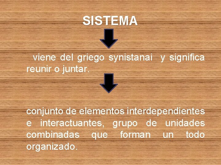 SISTEMA viene del griego synistanai y significa reunir o juntar. conjunto de elementos interdependientes