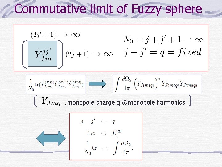 Commutative limit of Fuzzy sphere ：monopole charge q のmonopole harmonics 