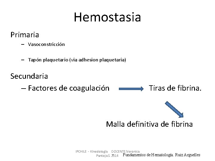 Hemostasia Primaria – Vasoconstricción – Tapón plaquetario (via adhesion plaquetaria) Secundaria – Factores de Hemostasia Primaria – Vasoconstricción – Tapón plaquetario (via adhesion plaquetaria) Secundaria – Factores de