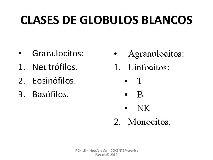 CLASES DE GLOBULOS BLANCOS • 1. 2. 3. Granulocitos: Neutrófilos. Eosinófilos. Basófilos. • Agranulocitos: CLASES DE GLOBULOS BLANCOS • 1. 2. 3. Granulocitos: Neutrófilos. Eosinófilos. Basófilos. • Agranulocitos: