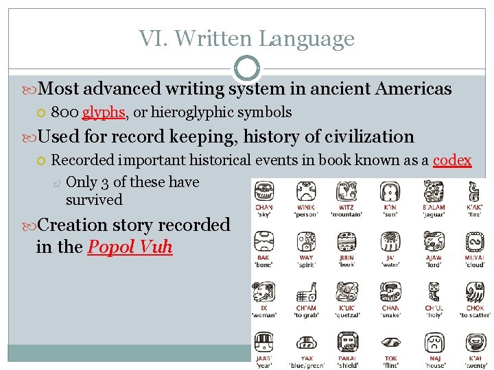 VI. Written Language Most advanced writing system in ancient Americas 800 glyphs, or hieroglyphic