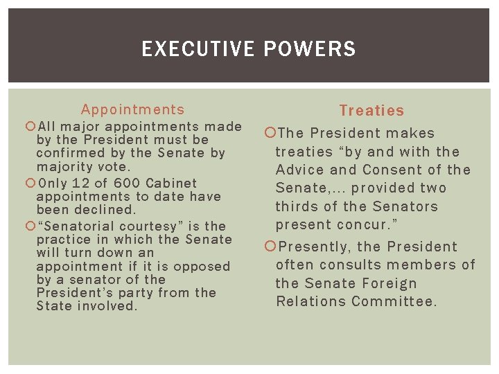 EXECUTIVE POWERS Appointments All major appointments made by the President must be confirmed by