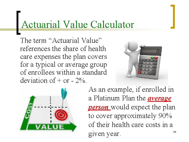 Actuarial Value Calculator The term “Actuarial Value” references the share of health care expenses