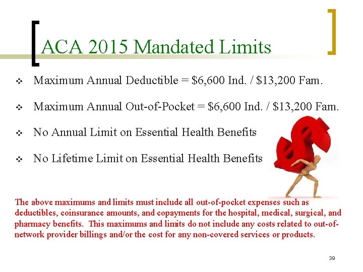 ACA 2015 Mandated Limits v Maximum Annual Deductible = $6, 600 Ind. / $13,