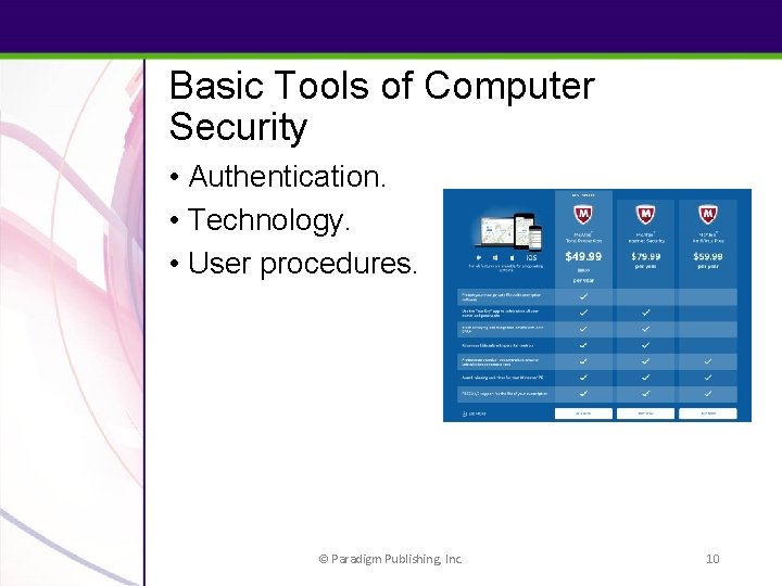 Basic Tools of Computer Security • Authentication. • Technology. • User procedures. © Paradigm