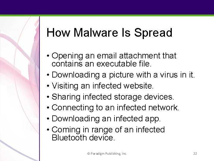 How Malware Is Spread • Opening an email attachment that contains an executable file.