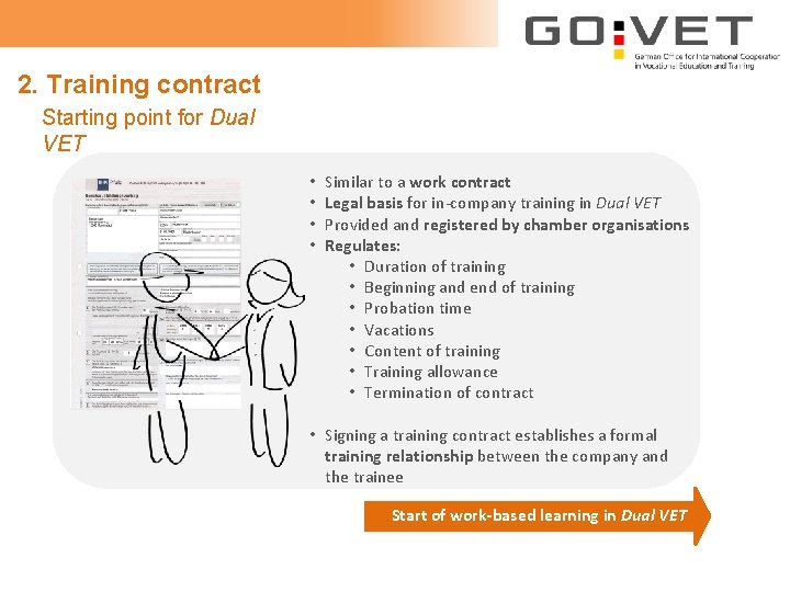 2. Training contract Starting point for Dual VET • • Similar to a work