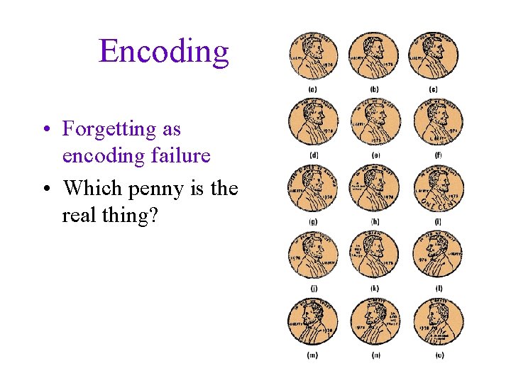 Encoding • Forgetting as encoding failure • Which penny is the real thing? 