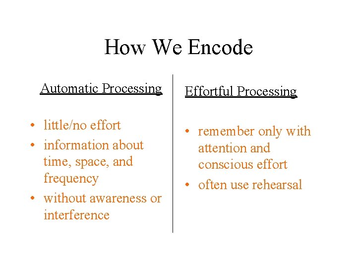 How We Encode Automatic Processing • little/no effort • information about time, space, and