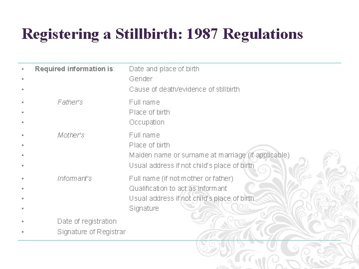 Registering a Stillbirth: 1987 Regulations • • • Required information is: Date and place