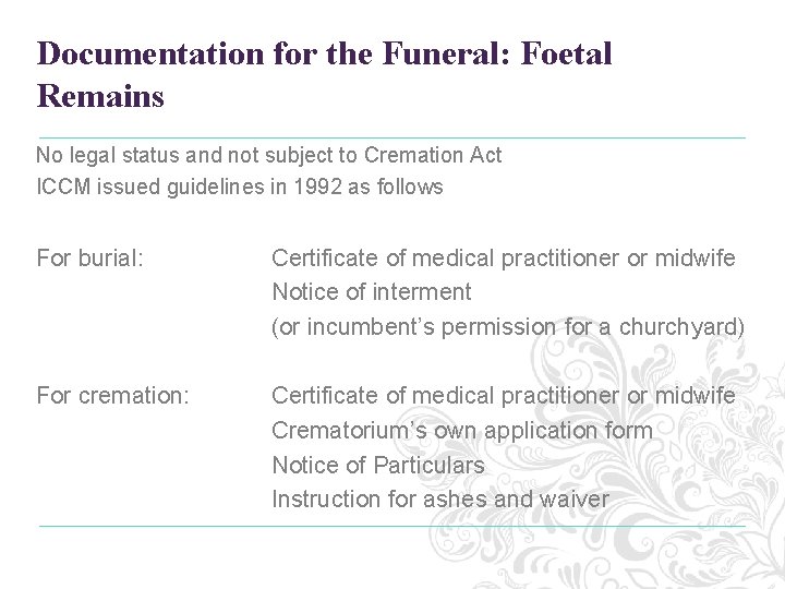 Documentation for the Funeral: Foetal Remains No legal status and not subject to Cremation