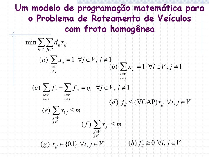 Um modelo de programação matemática para o Problema de Roteamento de Veículos com frota Um modelo de programação matemática para o Problema de Roteamento de Veículos com frota