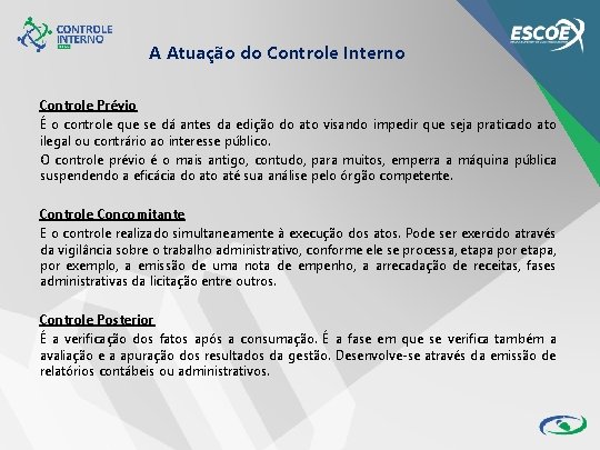 A Atuação do Controle Interno Controle Prévio É o controle que se dá antes