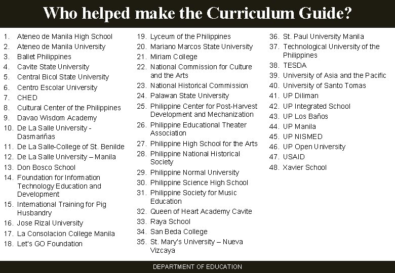 Who helped make the Curriculum Guide? 1. 2. 3. 4. 5. 6. 7. 8.