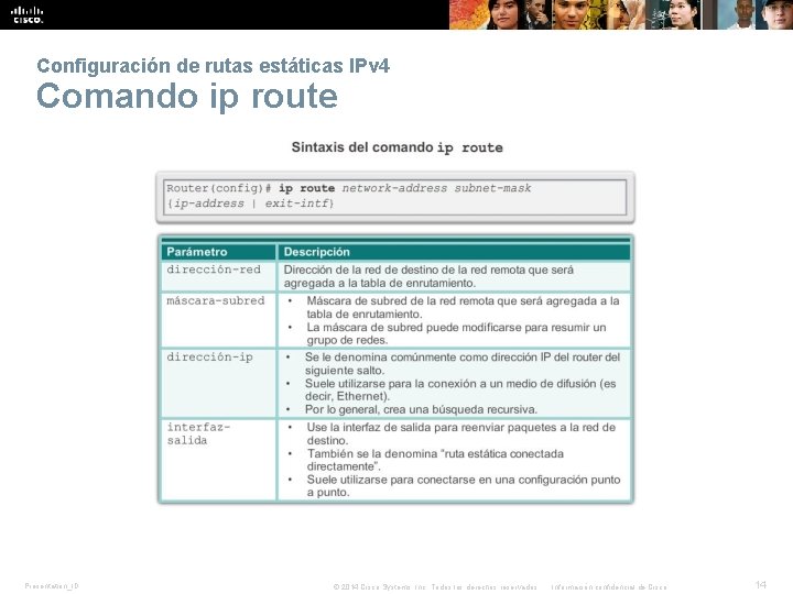 Configuración de rutas estáticas IPv 4 Comando ip route Presentation_ID © 2014 Cisco Systems,