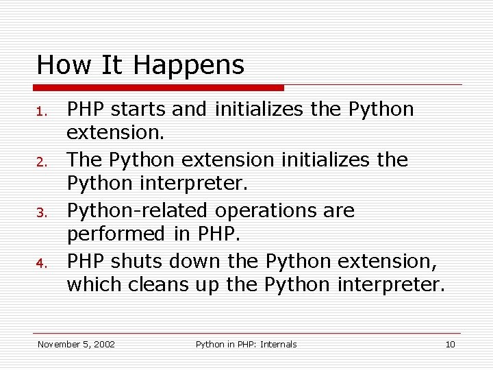 How It Happens 1. 2. 3. 4. PHP starts and initializes the Python extension.