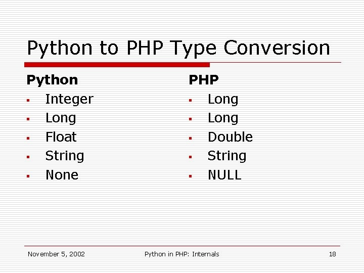 Python to PHP Type Conversion Python § Integer § Long § Float § String