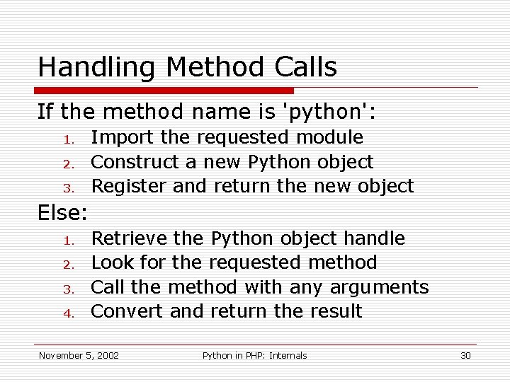 Handling Method Calls If the method name is 'python': 1. 2. 3. Import the