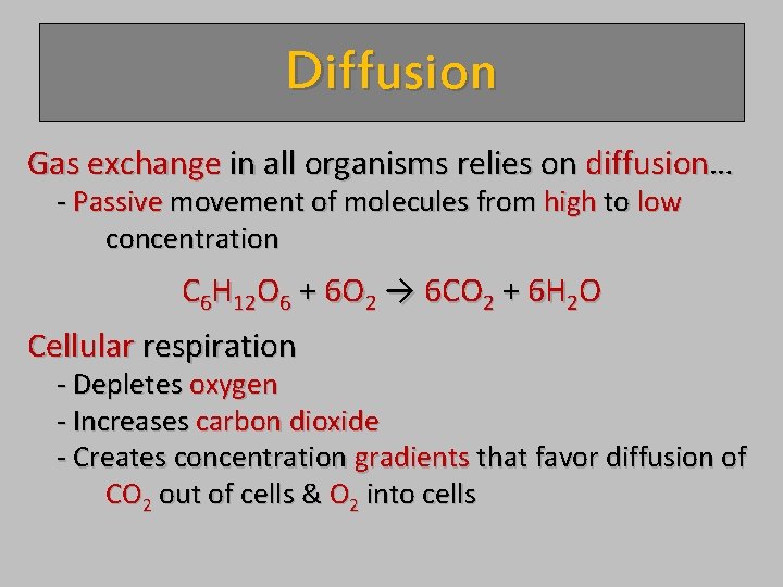 Diffusion Gas exchange in all organisms relies on diffusion… - Passive movement of molecules