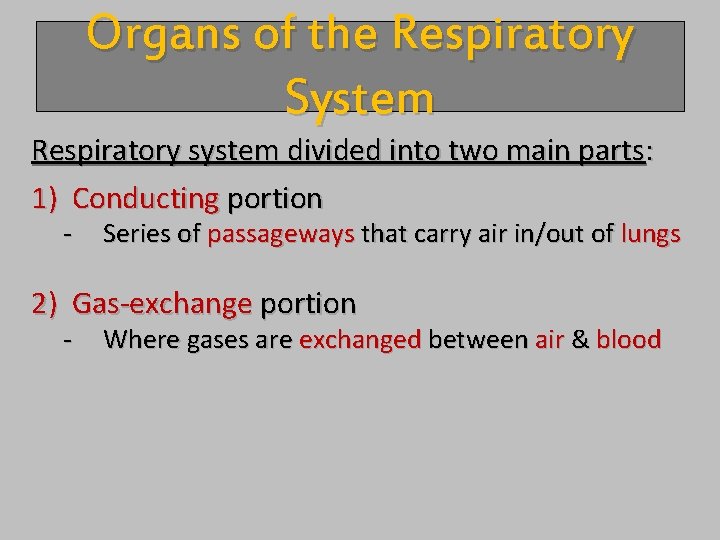 Organs of the Respiratory System Respiratory system divided into two main parts: 1) Conducting