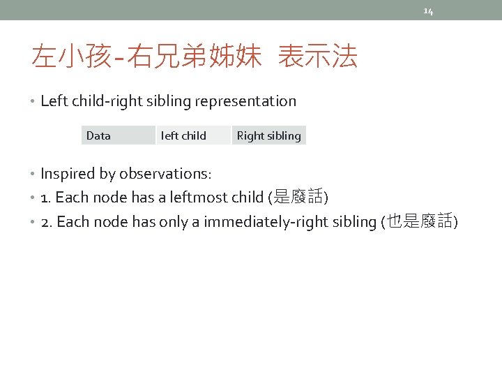 14 左小孩-右兄弟姊妹 表示法 • Left child-right sibling representation Data left child Right sibling •