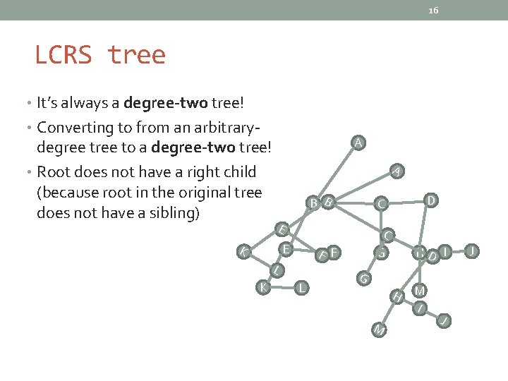 16 LCRS tree • It’s always a degree-two tree! • Converting to from an