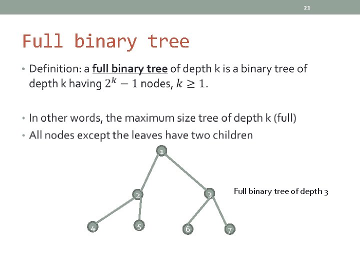 21 Full binary tree • 1 4 5 Full binary tree of depth 3