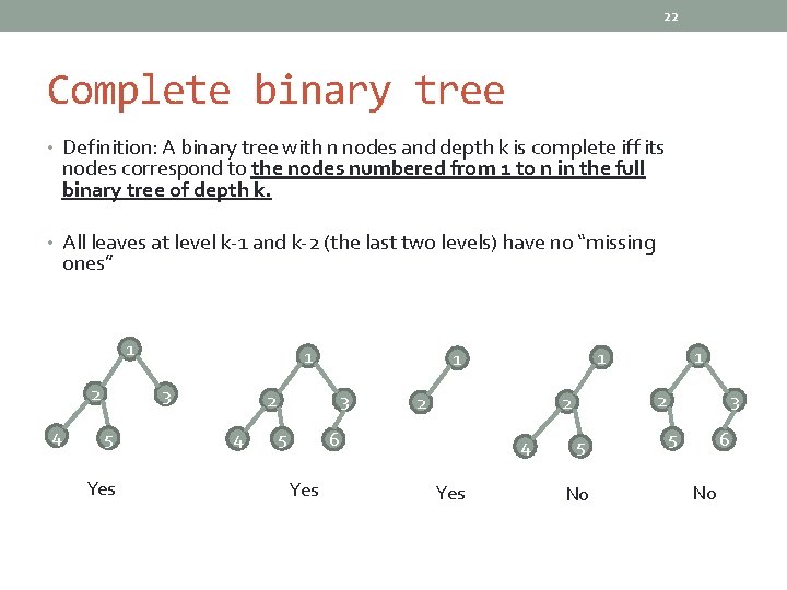 22 Complete binary tree • Definition: A binary tree with n nodes and depth