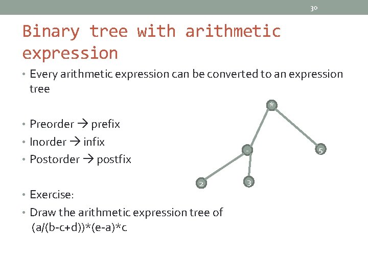 30 Binary tree with arithmetic expression • Every arithmetic expression can be converted to