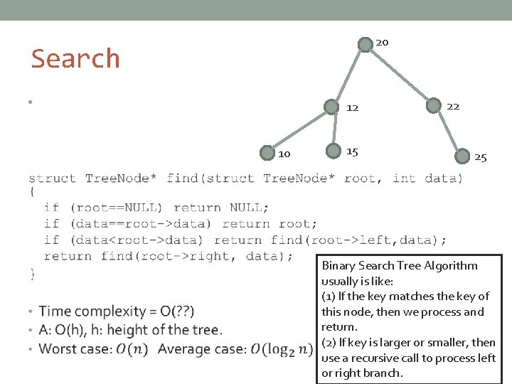 20 Search • 12 10 15 22 25 Binary Search Tree Algorithm usually is