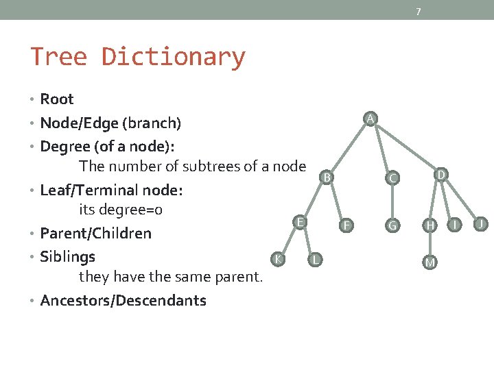 7 Tree Dictionary • Root A • Node/Edge (branch) • Degree (of a node):