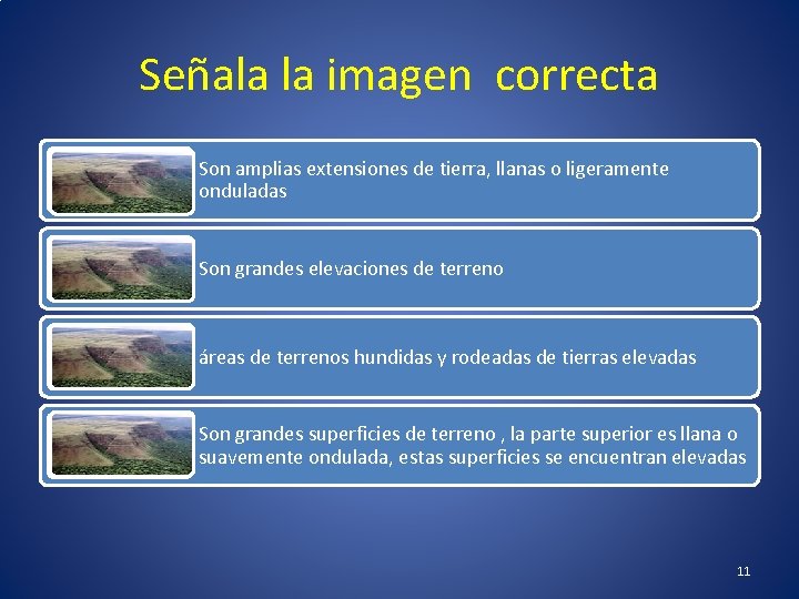 Señala la imagen correcta Son amplias extensiones de tierra, llanas o ligeramente onduladas Son