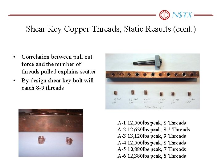 Shear Key Copper Threads, Static Results (cont. ) • Correlation between pull out force