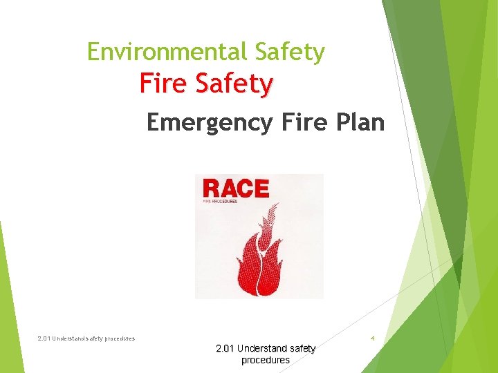 Environmental Safety Fire Safety Emergency Fire Plan 2. 01 Understand safety procedures 4 2.