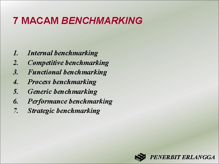 7 MACAM BENCHMARKING 1. 2. 3. 4. 5. 6. 7. Internal benchmarking Competitive benchmarking