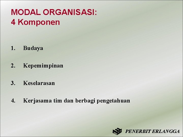 MODAL ORGANISASI: 4 Komponen 1. Budaya 2. Kepemimpinan 3. Keselarasan 4. Kerjasama tim dan