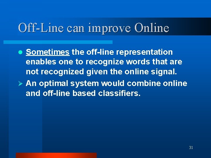 Off-Line can improve Online Sometimes the off-line representation enables one to recognize words that