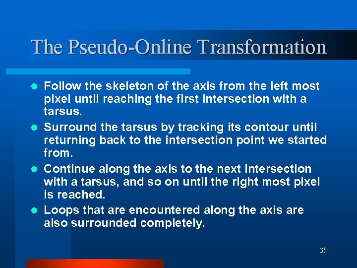 The Pseudo-Online Transformation Follow the skeleton of the axis from the left most pixel