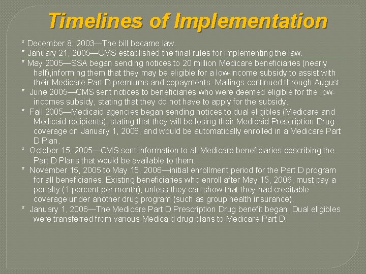 Timelines of Implementation * December 8, 2003—The bill became law. * January 21, 2005—CMS