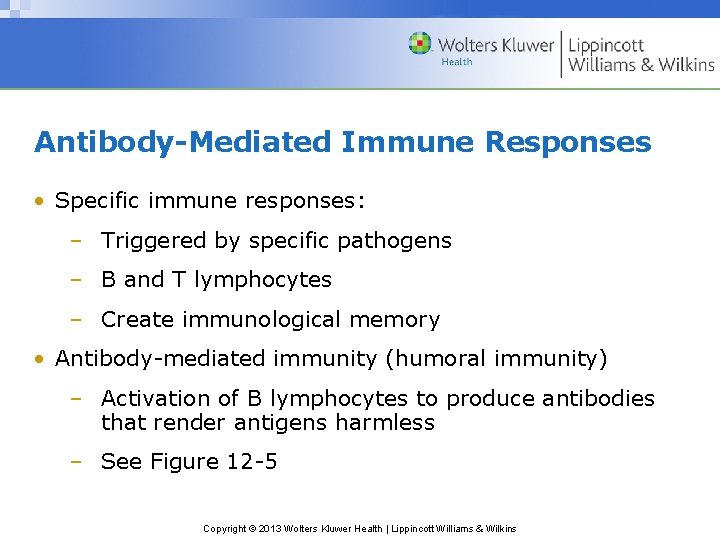 Antibody-Mediated Immune Responses • Specific immune responses: – Triggered by specific pathogens – B