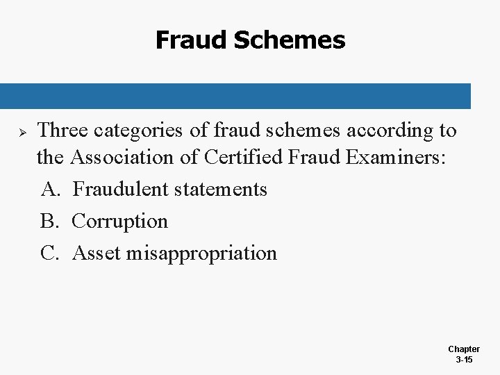 Fraud Schemes Ø Three categories of fraud schemes according to the Association of Certified