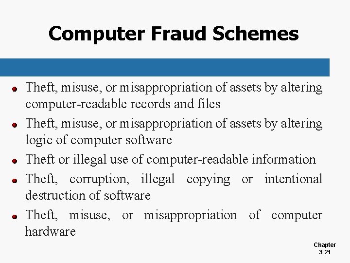 Computer Fraud Schemes Theft, misuse, or misappropriation of assets by altering computer-readable records and