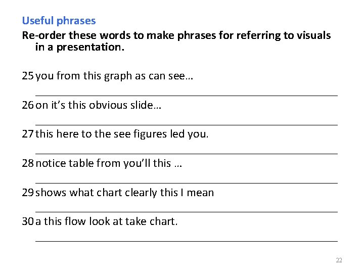Useful phrases Re-order these words to make phrases for referring to visuals in a