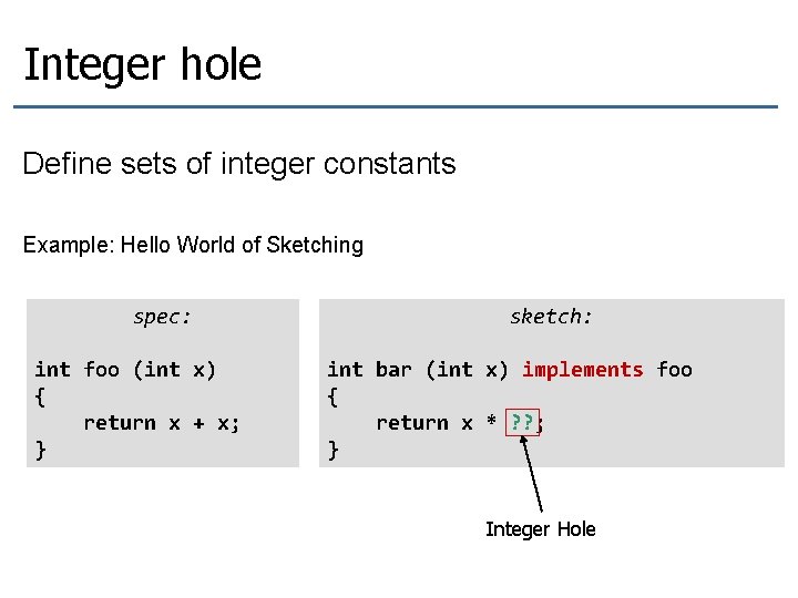 Integer hole Define sets of integer constants Example: Hello World of Sketching spec: int