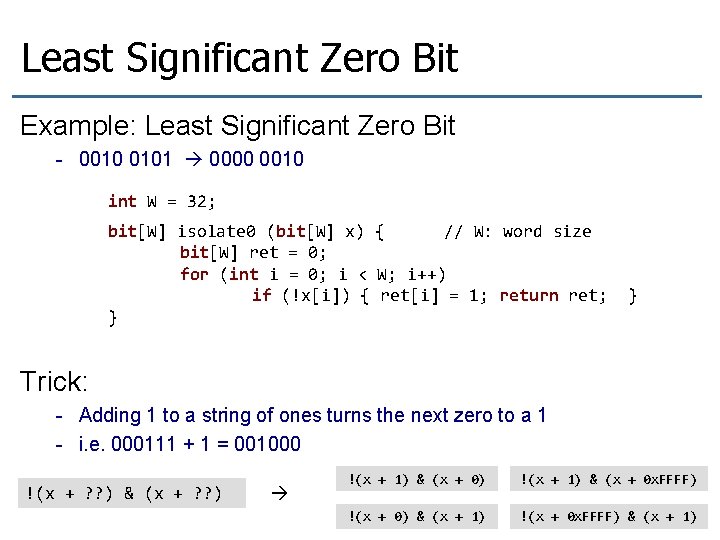 Least Significant Zero Bit Example: Least Significant Zero Bit - 0010 0101 0000 0010