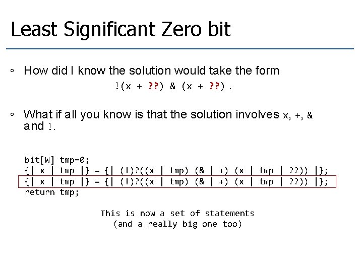 Least Significant Zero bit ◦ How did I know the solution would take the