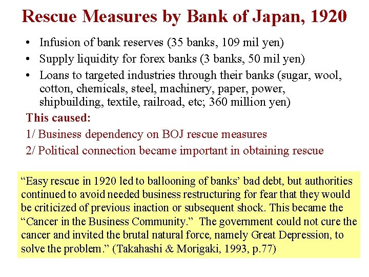 Rescue Measures by Bank of Japan, 1920 • Infusion of bank reserves (35 banks,