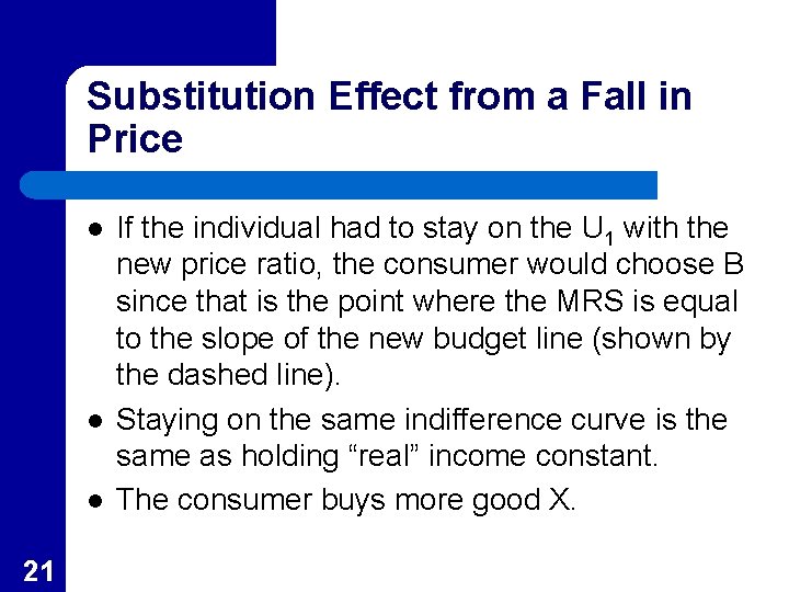 Substitution Effect from a Fall in Price l l l 21 If the individual