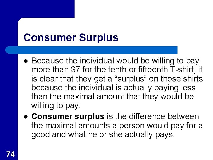 Consumer Surplus l l 74 Because the individual would be willing to pay more