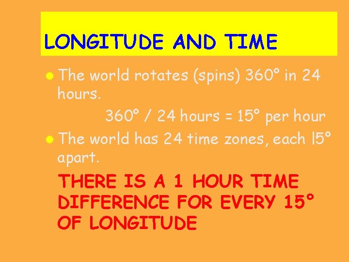 LONGITUDE AND TIME ® The world rotates (spins) 360° in 24 hours. 360° /